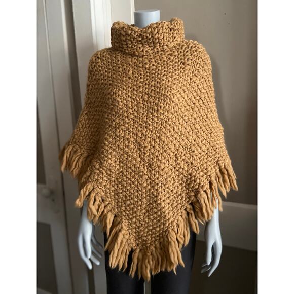 MODA International Mustard Yellow Cable Knit Wool Poncho w/Fringe sz M/L - Picture 1 of 9
